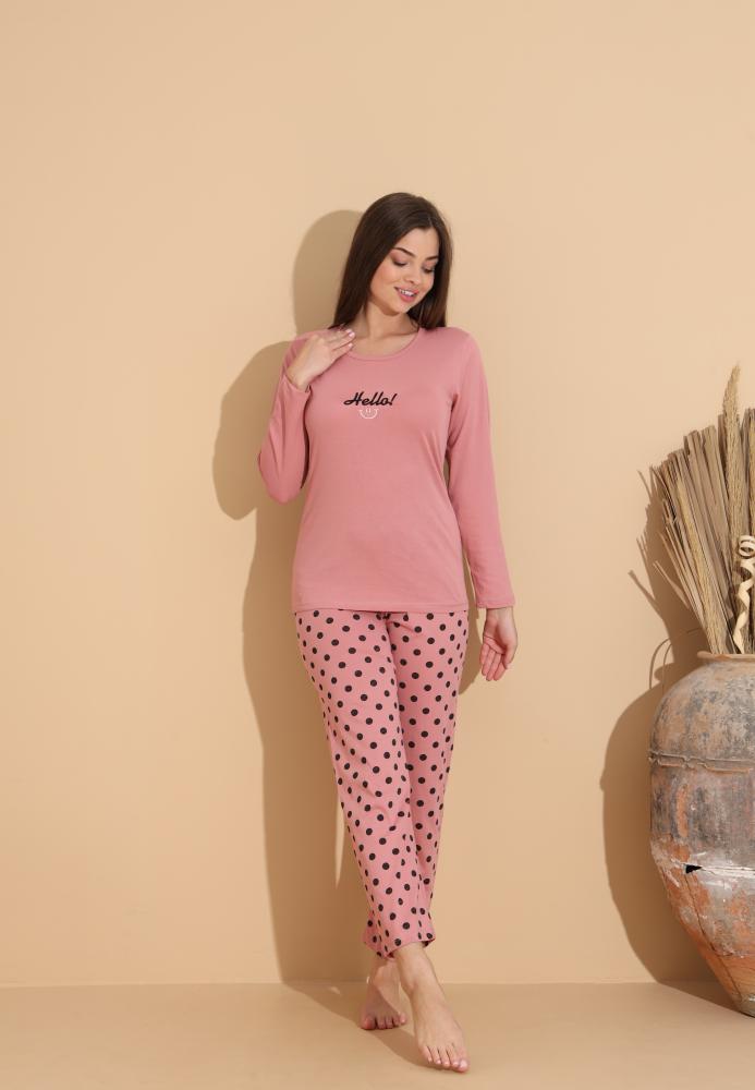 Pijama Dama „HELLO" ,Pantaloni si Maneca Lunga,Culoare Roz Pudrat, Engros